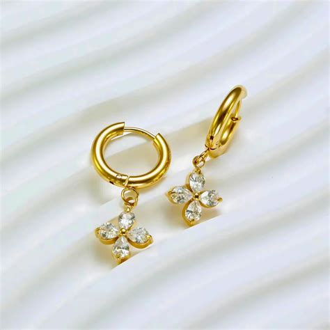 18KT Gold Plated Zircon Flower Stainless Steel Waterproof Charm Earrin ...