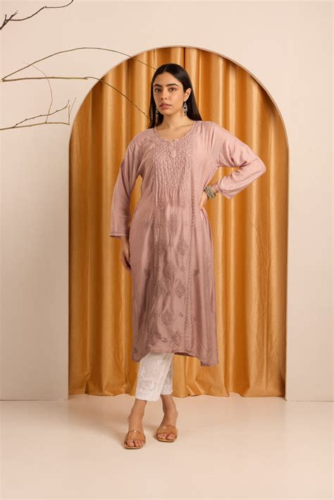 Elegant Nude Beige Chikankari Kurti with Mukaish work – House Of Awadh