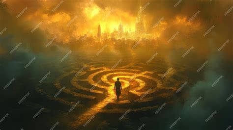A solitary figure stands at the edge of a labyrinth facing a city ...