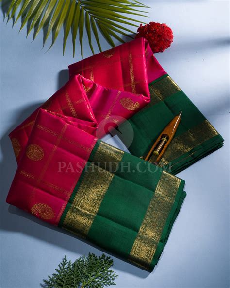 Dual Shaded Rani Pink & Bottle Green Kanjivaram Silk Saree-H4 – Pashudh ...