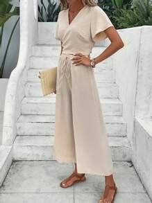 SHEIN LUNE Solid Wrap Tie Back Crop Top & Wide Leg Pants | SHEIN USA