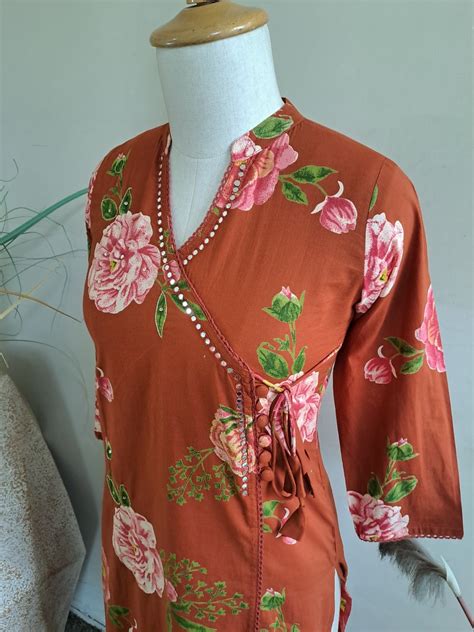 Rust Orange Floral Printed Cotton SKD Set with Flex Mirror & Thread Em ...