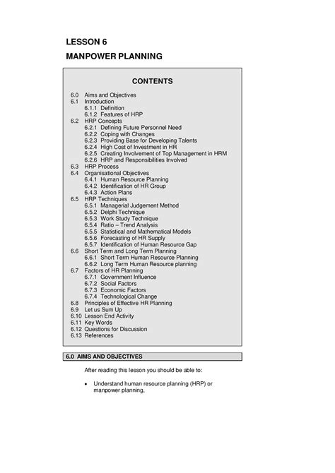 Clesson 6 Manpower plans - LESSON 6 MANPOWER PLANNING CONTENTS 6 Aims ...