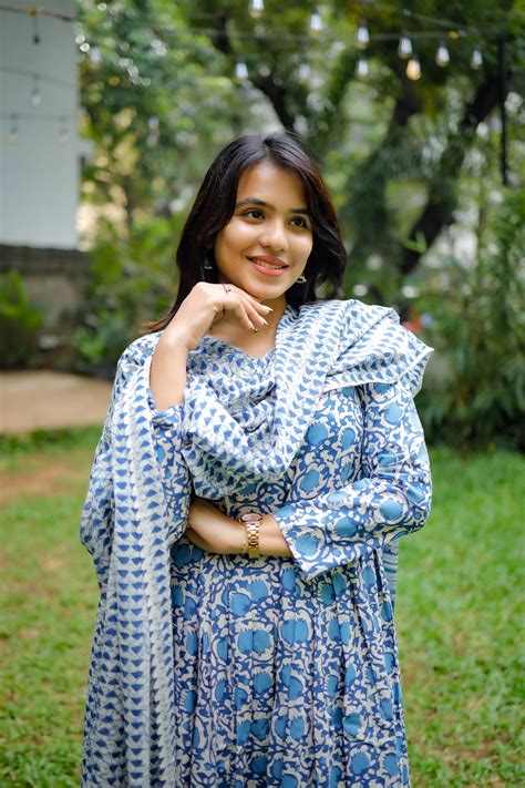 Neelaya - organic cotton anarkali suit set in white and blue ...