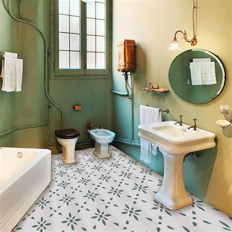 Green and White Boho Flower Peel and Stick Vinyl Floor Tile Sticker ...