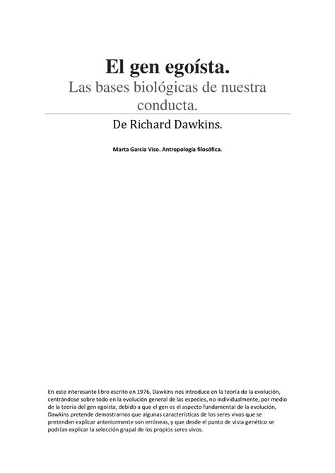 El gen egoista - Richard Dawkins | Grafiken und Mindmaps Biologie | Docsity