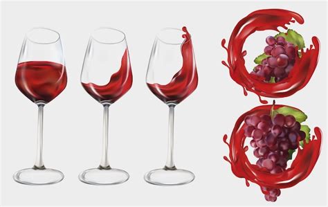 Raisins rouges réalistes. Verre à vin transparent rempli de vin rouge ...