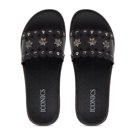 Buy Iconics Black Women Embellished Sequined Sliders Online