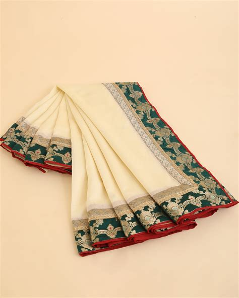 Off White Chanderi Saree with Pure Katan Silk Brocade Border – Tuti