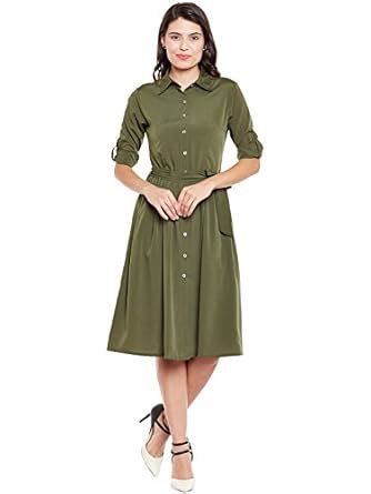 Buy Wisstler Women's Knee Length Dress (WOP-178-M_Olive Green_Medium ...