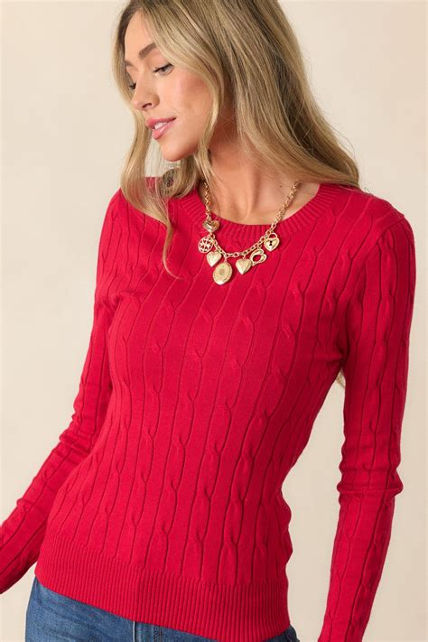 Red Cable Knit Crew Neck Sweater - All Tops | Red Dress