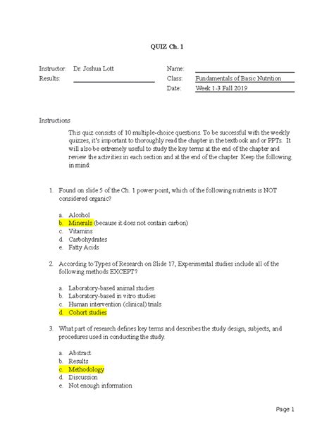 NUT Fall 2019 Quiz Ch. 1 - Quiz 1 covered chapter one with questions ...
