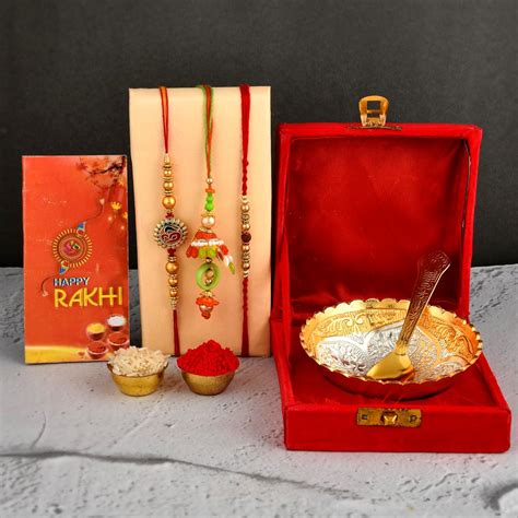 Yalambar Rakhi Hamper for Brother German Silver Bowl Set with Velvet ...
