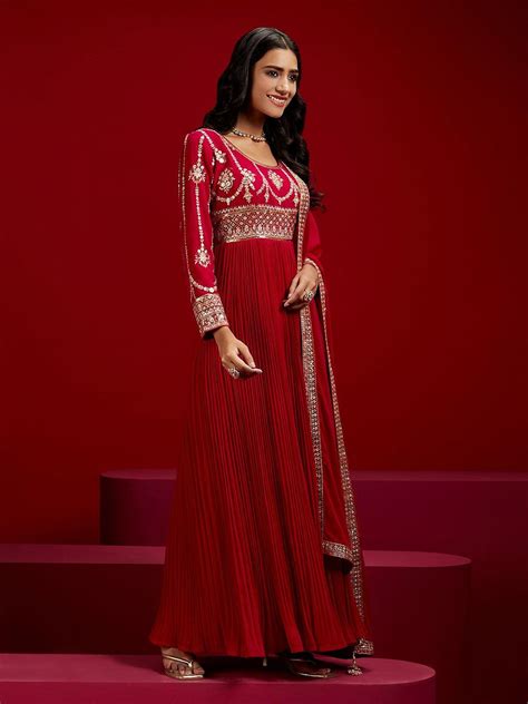 Buy Libas Art Pink Yoke Design Georgette A-Line Kurta With Trousers ...