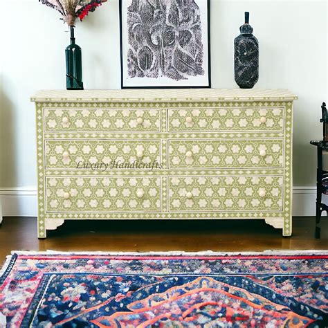 Flower Bone Inlay 6 Drawer Dresser Sage Green – Luxury Handicrafts