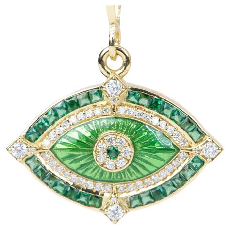 Emerald and Diamond Evil Eye Pendant Guilloche Enamel 18K Gold 5.74g ...