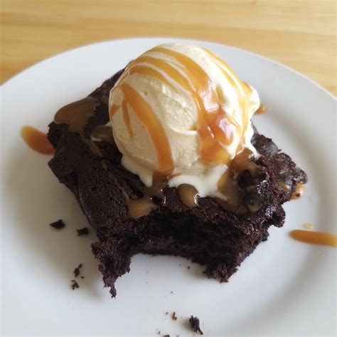 Brownie with French style ice cream and salted caramel sauce. : r ...
