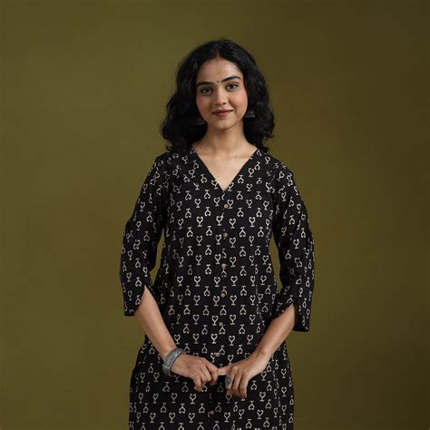 Black Natural Dyed Ajrakh Hand Block Print Cotton Suit Set with Dupatta ...