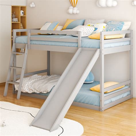 Zimtown Bunk Bed Twin Over Twin,Kids Low Floor Bed Frame with Slide for ...