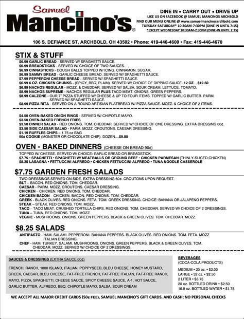 Menu at Samuel Mancino's Italian Restaurant, Archbold