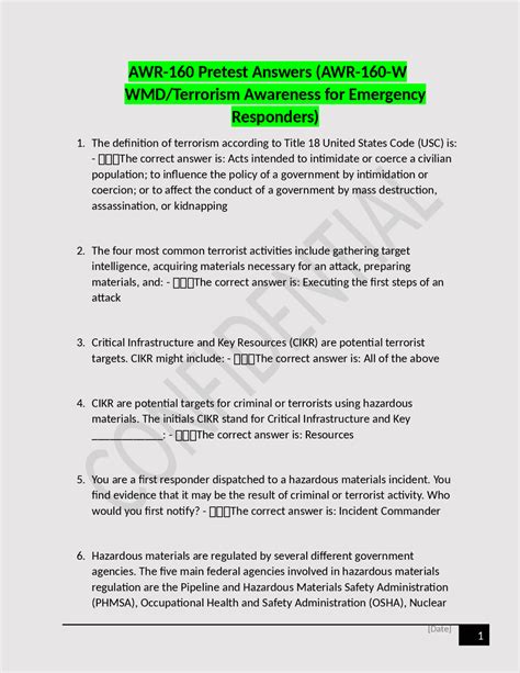 AWR-160 Pretest Answers(AWR-160-W WMD/Terrorism Awareness for Emergency ...
