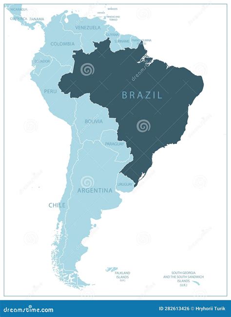 Brazil - Blue Map with Neighboring Countries and Names Stock Illustration - Illustration of ...