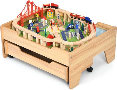 Costzon Train Table With 100 Multicolor Pieces Wooden Kids Activity ...