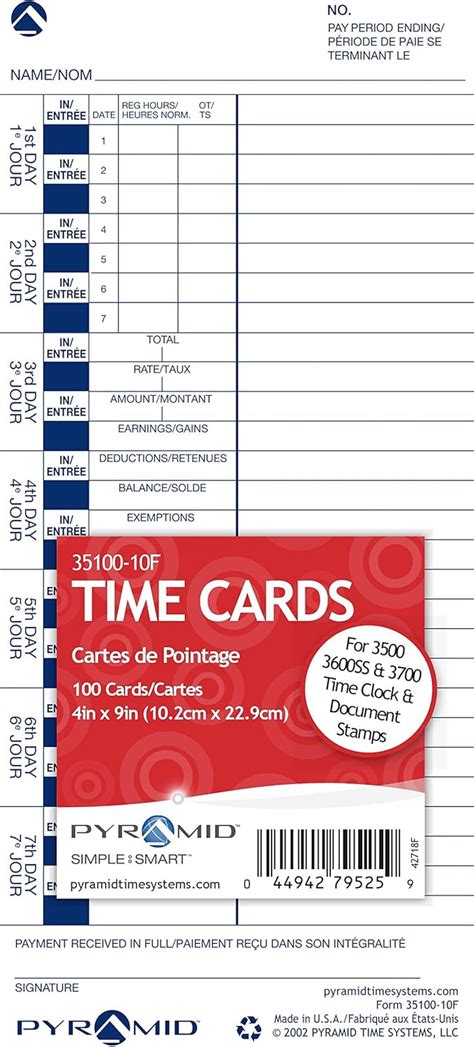 Buy Pyramid English/French Genuine Time Cards for 3500, 3550SS, 3600SS ...
