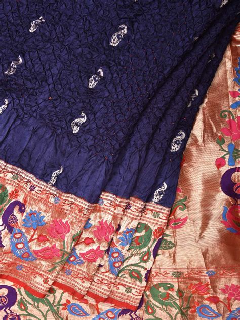 Dark Blue Bandhani Paithani Silk Handloom Saree with Peacock Parrot Bo ...