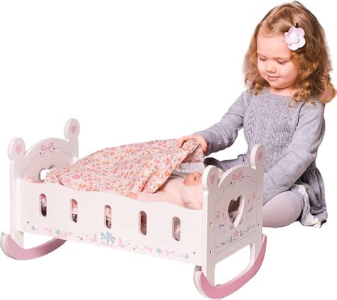 ROBOTIME Baby Doll Crib, Wooden Doll Cradle with Pink Pad, Blanket, and ...