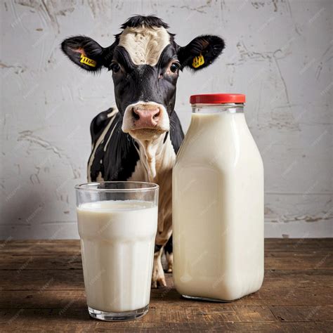 A cow drinking milk from a glass and a bottle of milk with a cow on the ...
