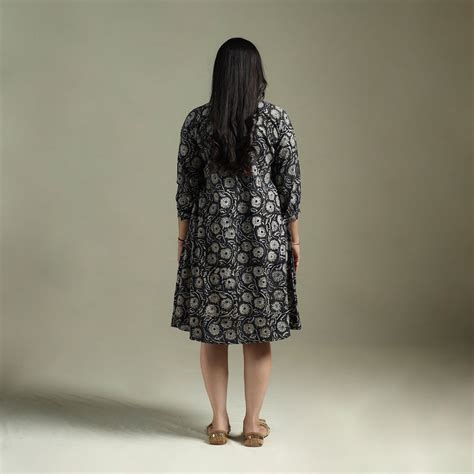 Black Natural Dyed Cotton Hand Block Print Kalamkari Dress