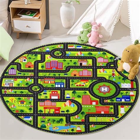 FairOnly 4'x4' Black Washable Round Rug Kids Chidren Learning Rugs City Traffic Road Rugs for ...