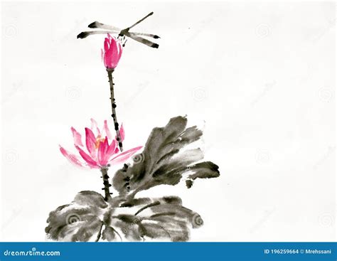 Hand Painted Ink Brush Painting of Lotus Flower in Oriental Style , Sumi-e Painting Stock Photo ...