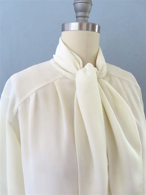 1980s Cream Tie Neck Blouse Large L XL Button up Bow Tie Blouse Poet ...