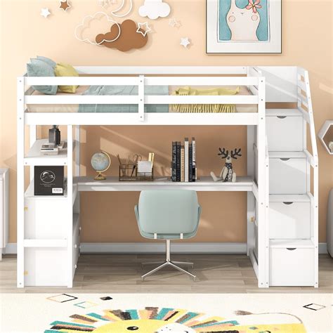 Amazon.com: Twin Loft Bed with Storage Staircase and Desk, Wood Twin Size Loft Bed with Storage ...