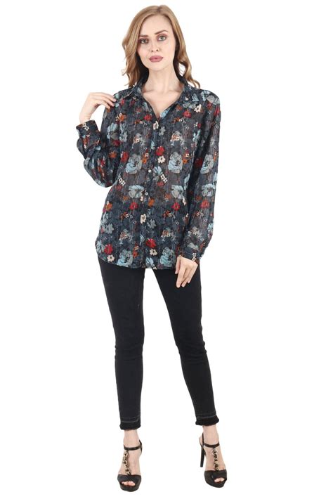 Floral Georgette Long Sleeve Shirt - Semi-Sheer Casual Dog Ear Collar ...