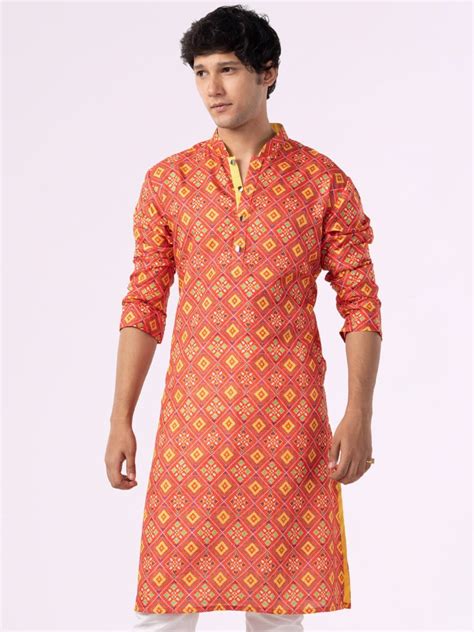 Carrot Red & Parrot green Printed Cotton Blend Kurta For Men – The ...