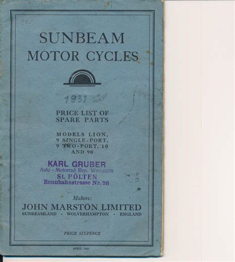 Sunbeam Motorcycles Spares List 1931 Original Used | BRITISH Only ...