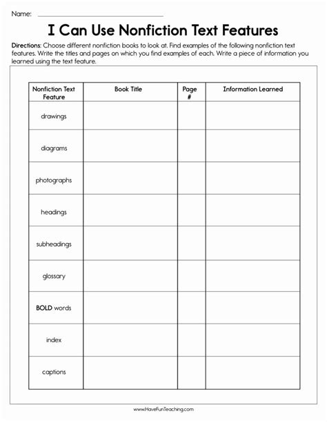 Image result for Nonfiction Text Features Worksheet