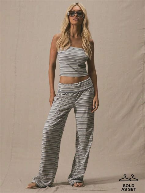 MUSERA Longline Striped Bandeau And Low Rise Foldover Waist Wide Leg ...