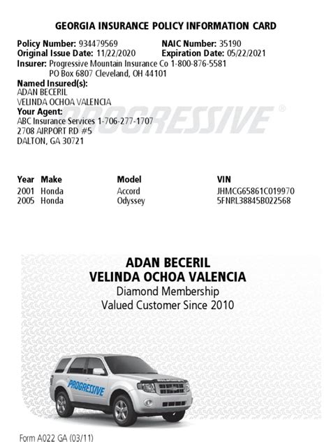Image result for Progressive Auto Insurance Card Template
