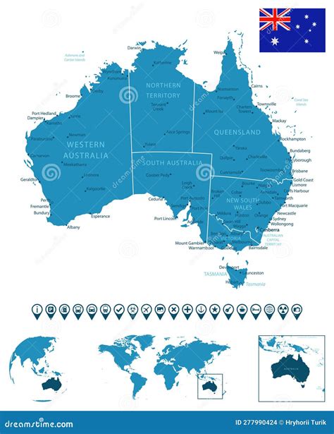 Australia - Detailed Blue Country Map with Cities, Regions, Location on World Map and Globe ...