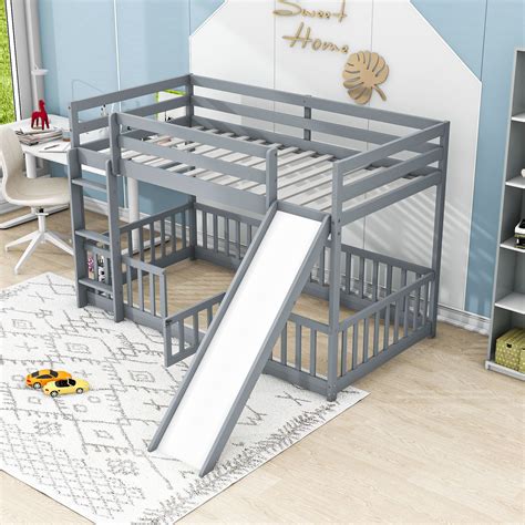Harriet Bee Rustic Twin Over Twin Floor Bunk Bed With Slide And Door ...