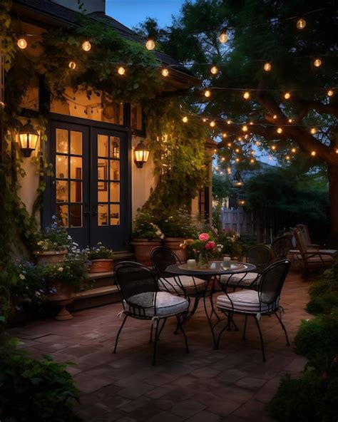 A backyard area decorated with string lights | Premium AI-generated image
