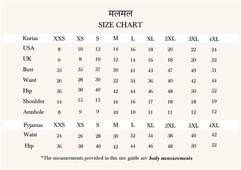 Co-ord Set Size Chart