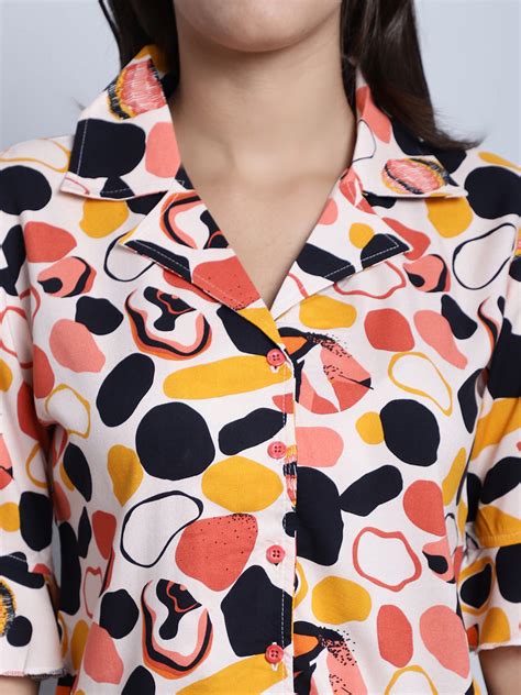 Peach Abstract Printed Viscose Rayon Night Suit for Women | S-XL | Cla