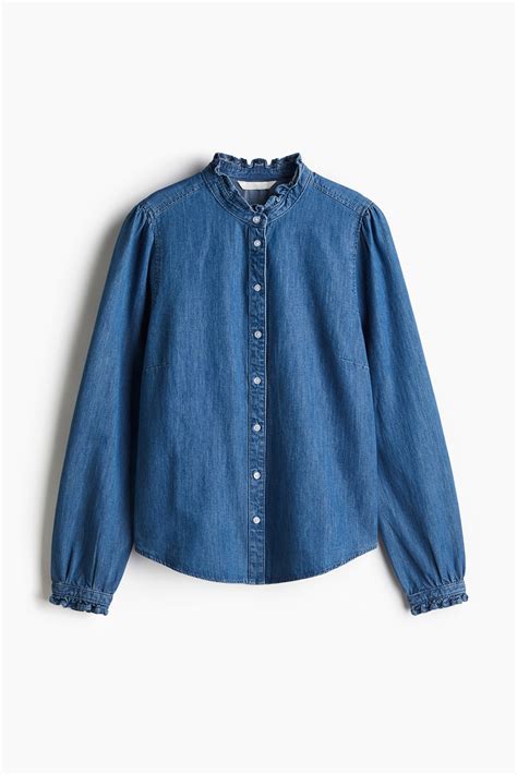 Ruffle-Trimmed Denim Blouse - Denim blue - Ladies | H&M PH