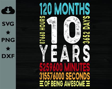 10 Years PNG, 120 Months of Being Awesome, 10th Birthday Gifts ...