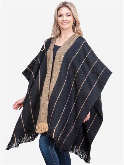 INTI ALPACA Womens Ruana Poncho in Black and Beige Wool - Alpaca Wrap ...